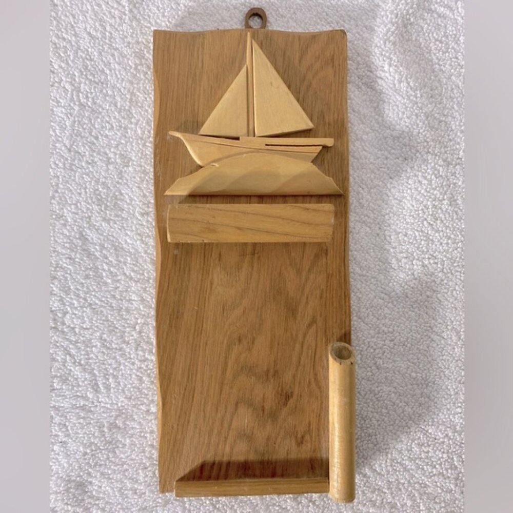 SOLD-Vintage Handmade Hand Carved Wood Notepad And Pen Holder